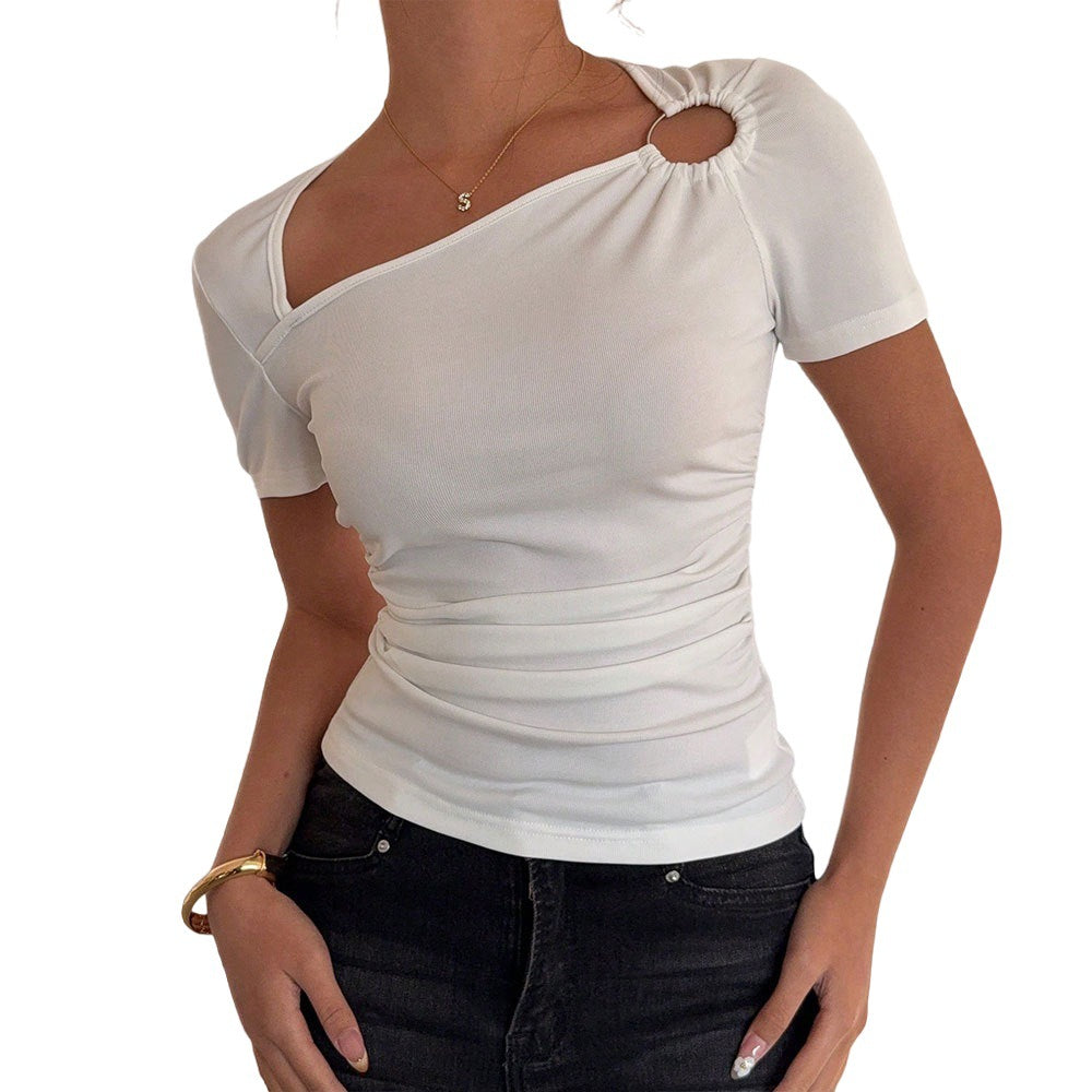 Chemise tendance à manches courtes pour femmes avec encolure asymétrique et fronces Levoire
