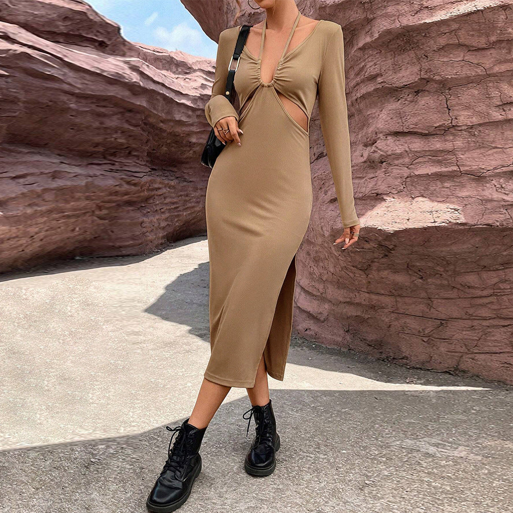 Levoire | Robe Élégante Slim-Fit Bodycon À Manches Longues Kaki