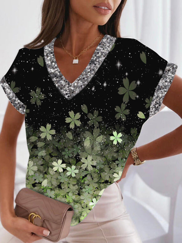 Levoire | T-shirt imprimé tendance à col en V et manches chauve-souris Nurmen vert