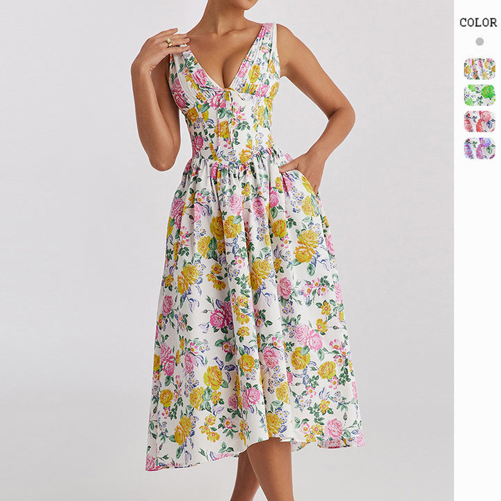 Robe midi pour femme avec motif floral et élégant col en V Levoire