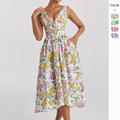 Robe midi pour femme avec motif floral et élégant col en V Levoire