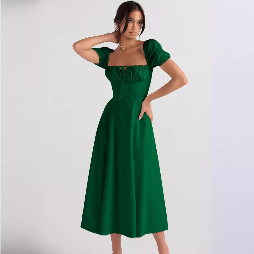 Robe Midi Élégante Femme avec Manches Bouffantes et Encolure Raffinée Levoire