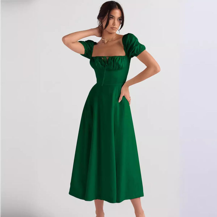 Robe Midi Élégante Femme avec Manches Bouffantes et Encolure Raffinée Levoire