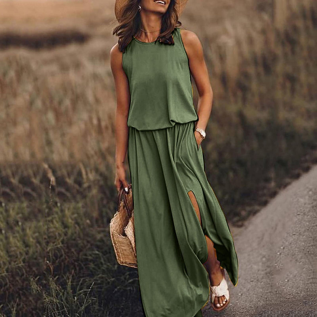Levoire | Élégante Robe Longue Multicolore à Découpe Vert foncé