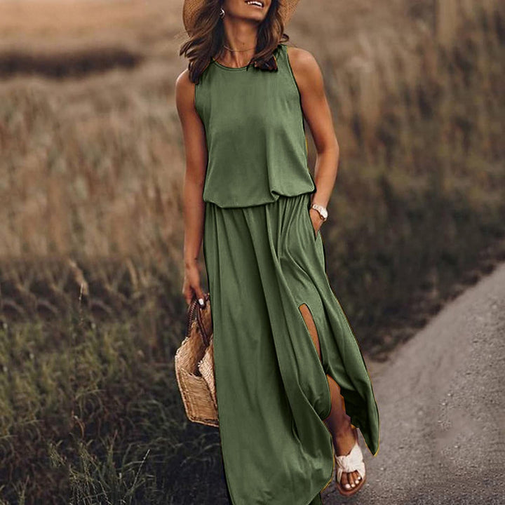 Levoire | Élégante Robe Longue Multicolore à Découpe Vert foncé