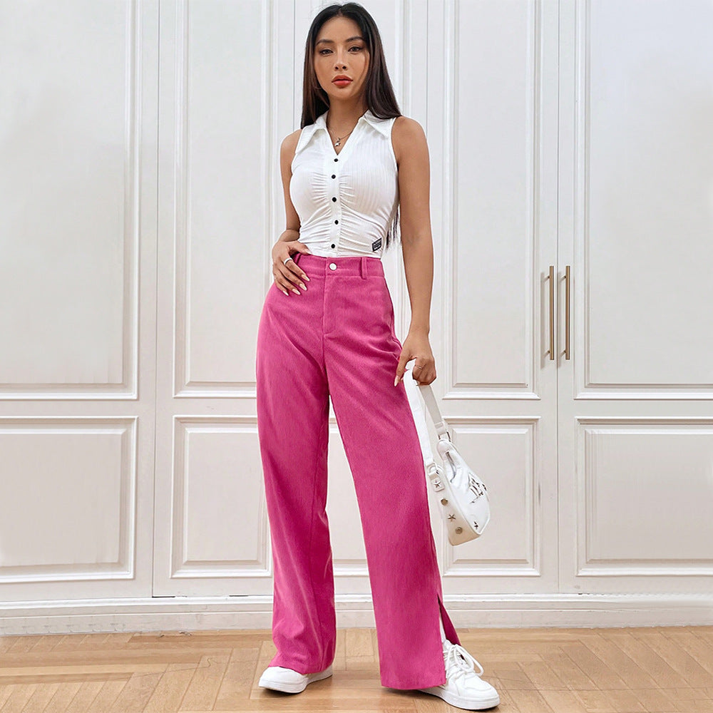 Pantalon large en velours côtelé pour femmes avec fente élégante Levoire