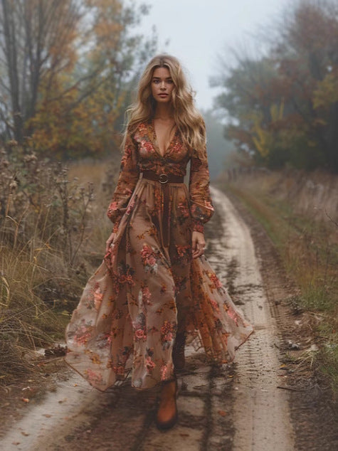 Robe maxi bohème avec décolleté en V | Avriane