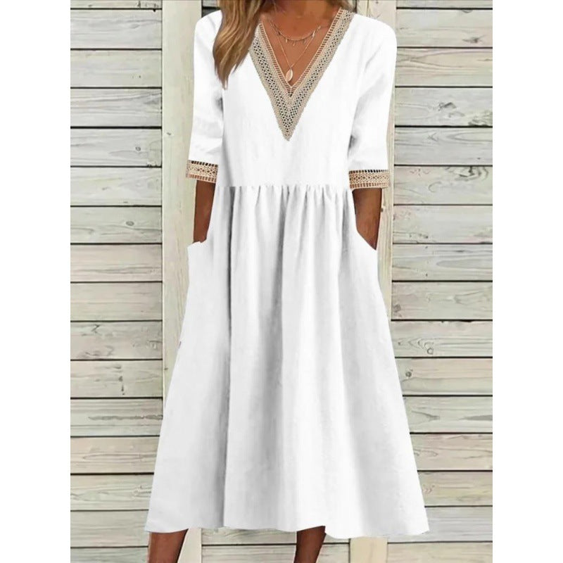 Levoire | Élégante robe mi-longue à col V en dentelle à manches mi-longues Blanc
