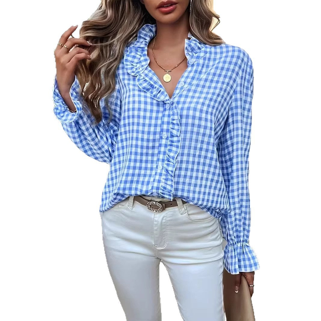 Blouse à volants à carreaux pour femmes avec col montant, patte de boutonnage cachée et manches en cloche Avriane