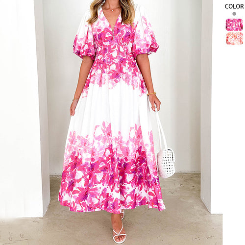 Robe maxi pour femmes avec manches bouffantes volumineuses et design floral Levoire