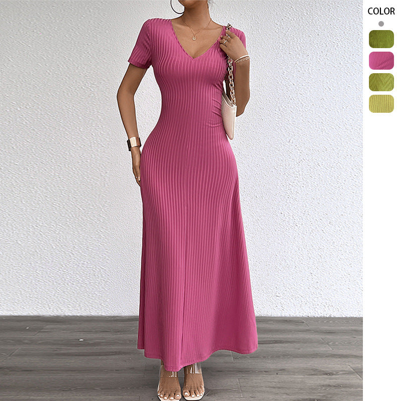Robe maxi à manches longues pour femmes avec col en V élégant et texture côtelée Levoire