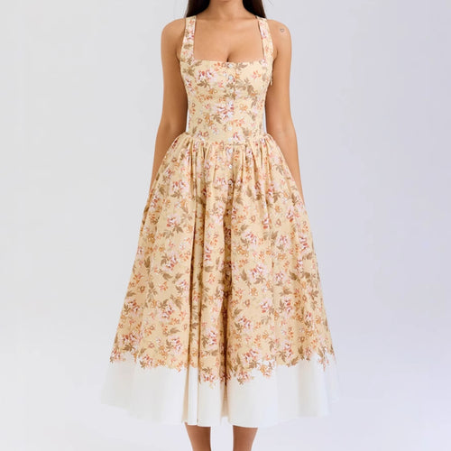 Robe Midi Femme avec Motif Floral Élégant et Fines Bretelles Levoire