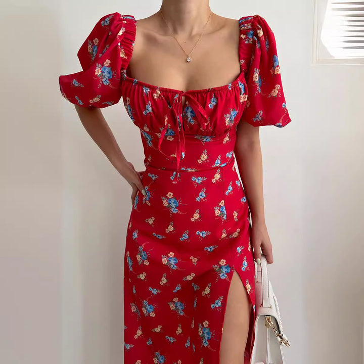 Robe maxi à motif floral pour femmes avec manches bouffantes et fente haute Levoire
