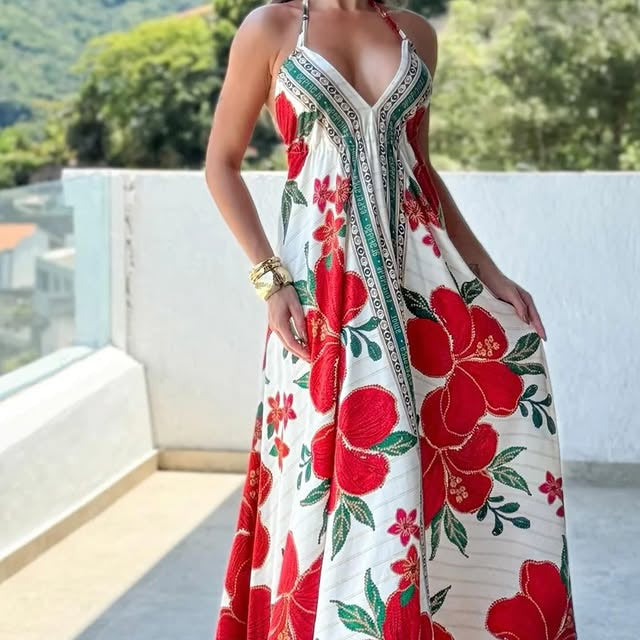 Levoire | Robe longue élégante avec large ourlet Fleur Rouge Blanche