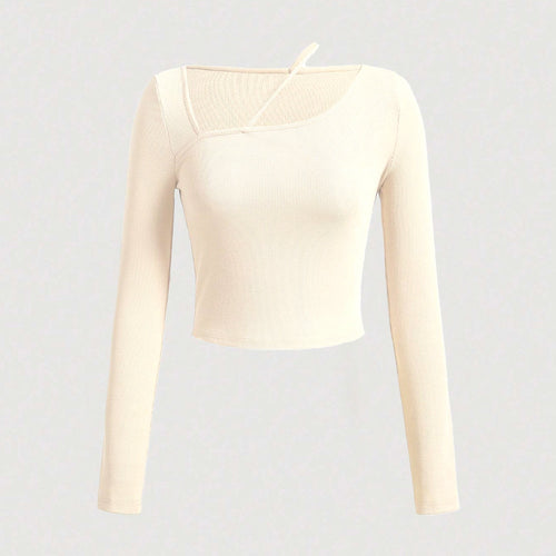 Chemise courte à manches longues pour femmes avec encolure asymétrique et texture fine côtelée Levoire