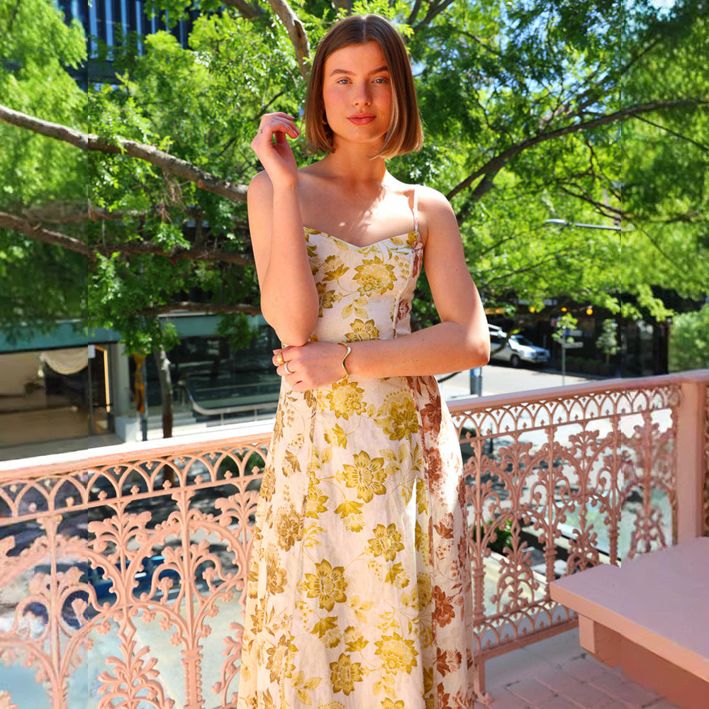 Robe maxi d'été pour femme avec motif floral et fines bretelles spaghetti Levoire
