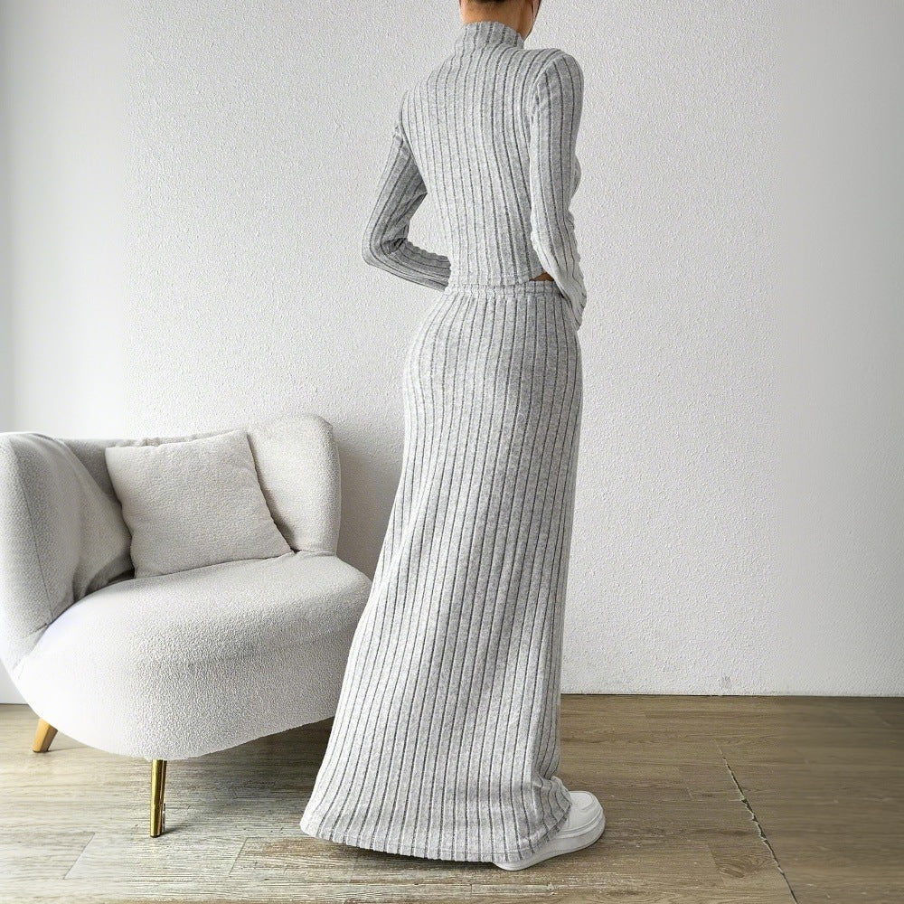 Ensemble crop top à manches longues pour femmes et jupe maxi avec texture côtelée élégante Levoire
