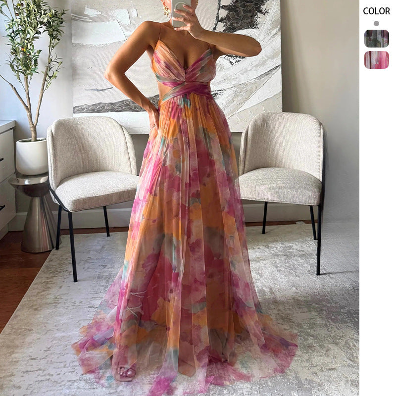 Robe maxi aérienne pour femme avec motif floral coloré et découpe latérale Levoire
