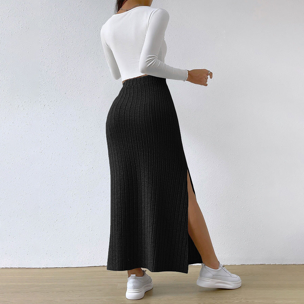 Jupe tricotée longue pour femmes avec côtes diagonales et taille haute Levoire