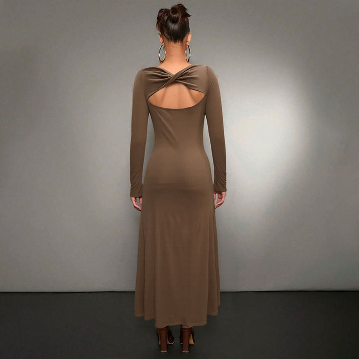 Robe midi à manches longues pour femmes avec un élégant col rond et un ourlet flottant Levoire