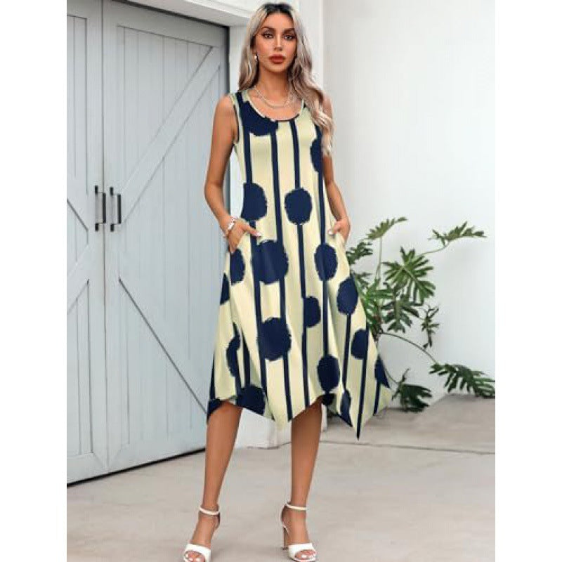 Levoire | Chic Fashion Imprimé Sans Manches Robe À Ourlet Irregular points bleus