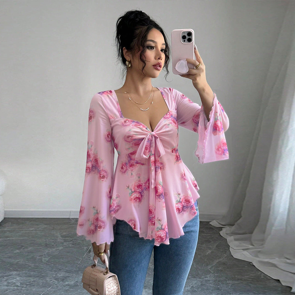 Blouse fluide pour femmes avec motif floral et nœud ludique Levoire