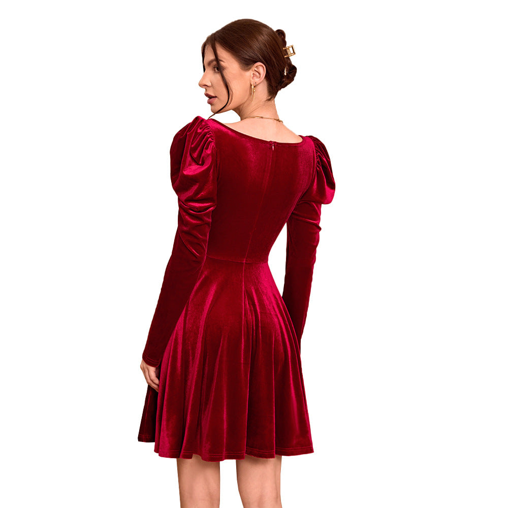 Robe Mini en Velours Élegante pour Femmes avec Détails de Manches Bouffantes et Chic Col en V Levoire