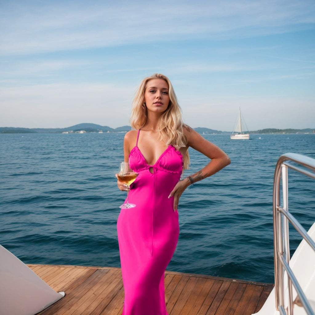 Robe de soirée pour femmes avec décolleté en V profond et détails de volant élégants Levoire