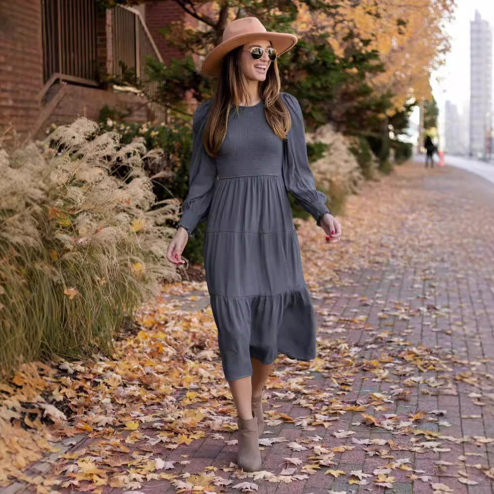 Robe longue décontractée à manches longues pour femmes avec détails froncés et volants Levoire