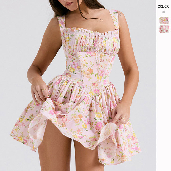 Robe Mini d'Été pour Femmes avec Accents Floraux et Corps Froncé Levoire