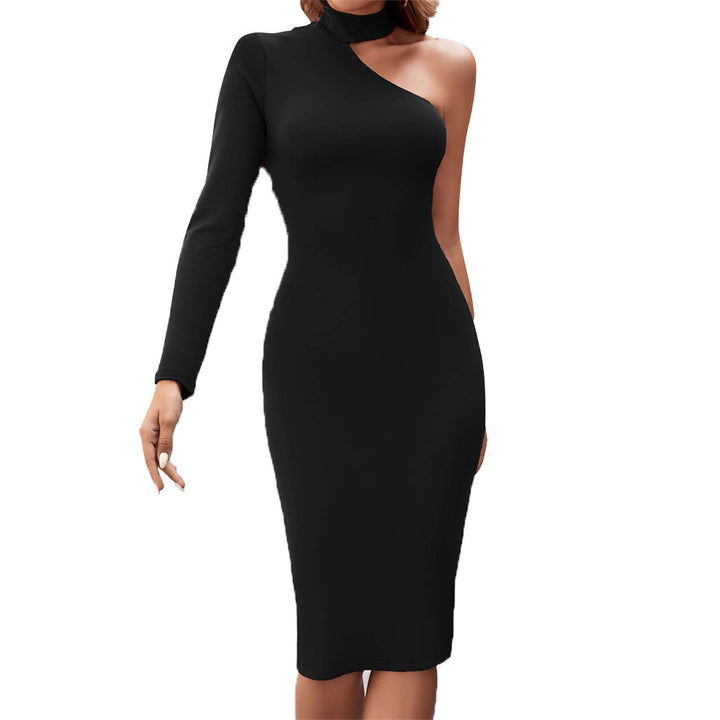 Robe midi asymétrique ajustée pour femmes avec des manches longues et un col montant stylé Levoire