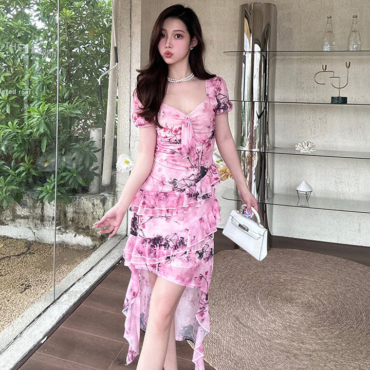 Levoire | Robe Fleurs Étrangement Plissée à Ourlet Irregulier Longue rose Fleur