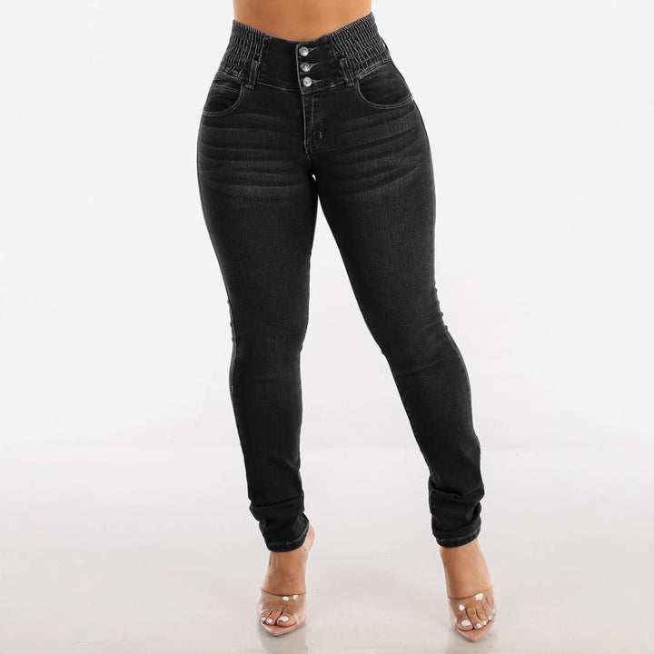 Jeans skinny taille haute pour femmes avec ceinture élastique et boutons décoratifs Levoire