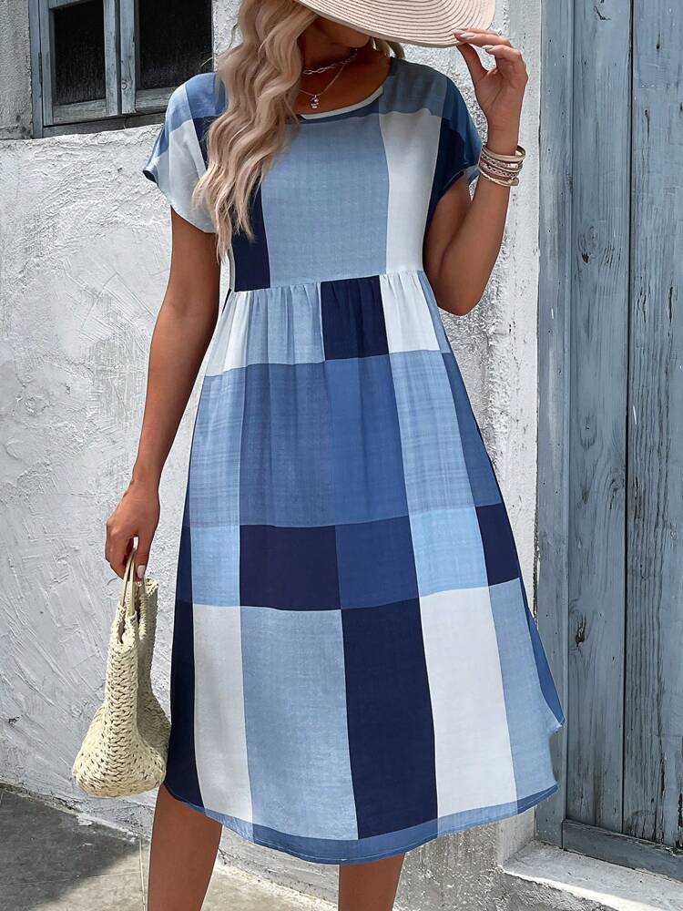 Levoire | Robe à manches batwing à blocs de couleur à carreaux élégante Bleu