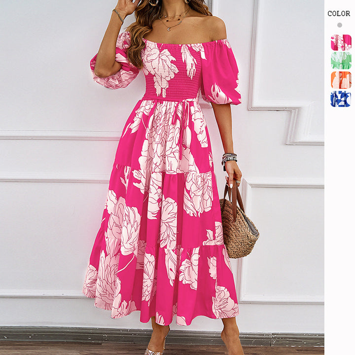 Robe Maxi Femme à Epaule Dégagée avec Manches Volumineuses et Imprimé Levoire