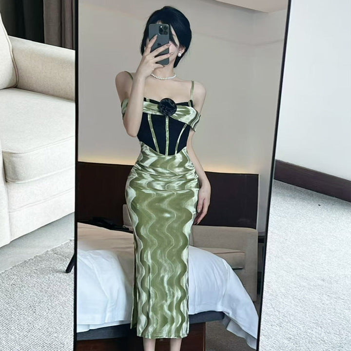 Levoire | Sexy Patchwork À Manches Longues Bodycon Robe Glissante Jaune