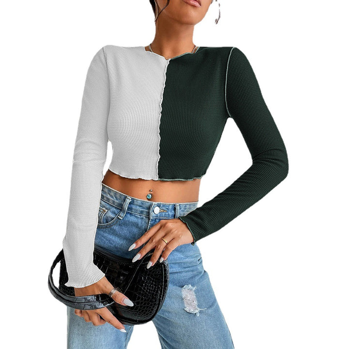 Chemise à manches longues cropped pour femme avec deux couleurs et un design en rib à la mode Levoire