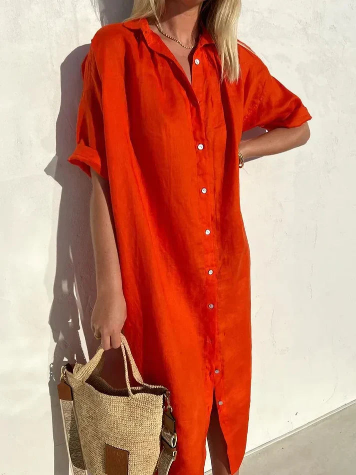 Levoire | Robe Élégante Et Décontractée Pour Femmes Avec Des Manches Larges Et Des Boutons Robe En Coton Et Lin Rot