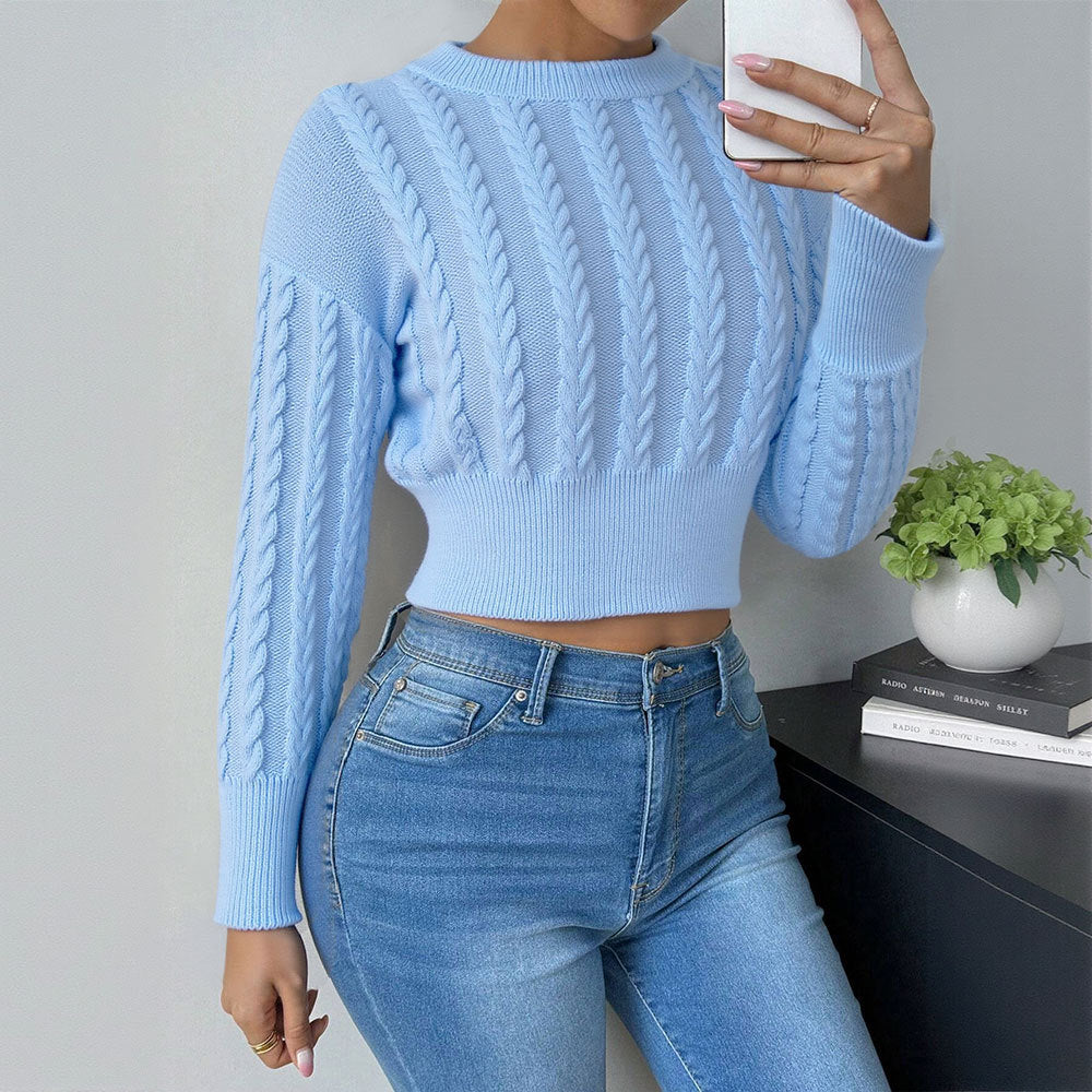 Top tricoté à-cut courte pour femmes avec motif en câble et manches longues Levoire