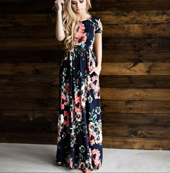 Levoire | Robe à fleurs Robe longue Robe à fleurs Jupe large Robe Bleu à manches courtes