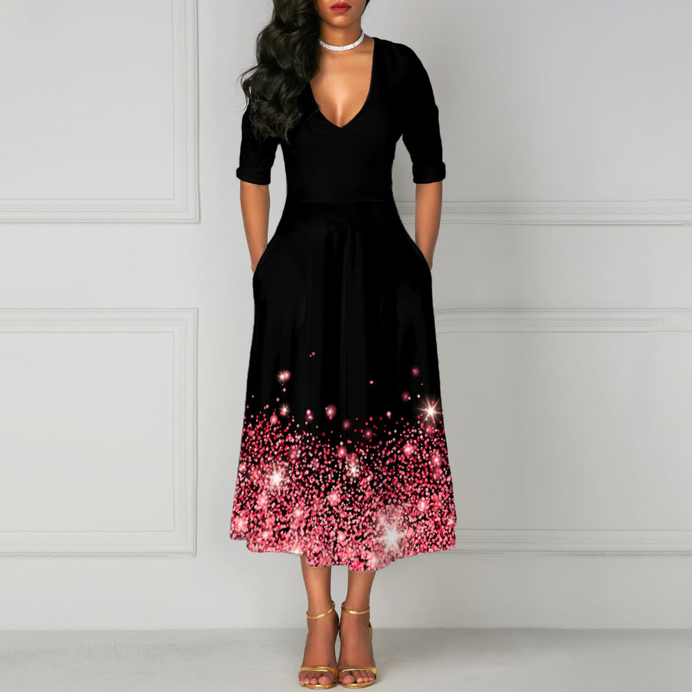 Levoire | Robe à poches à col en V imprimé chic à cinq manches Rot
