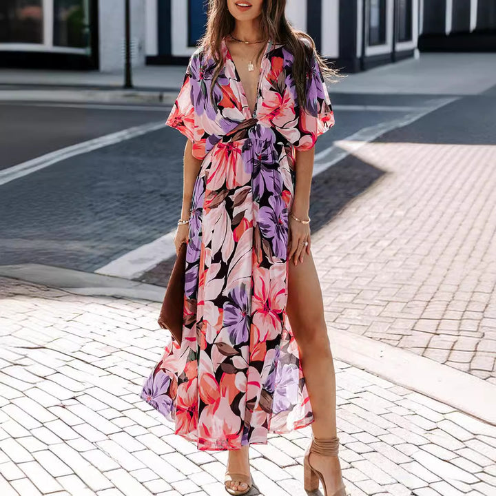 Robe Maxi Femme avec Décolleté en V Profond et Fente Latérale Levoire