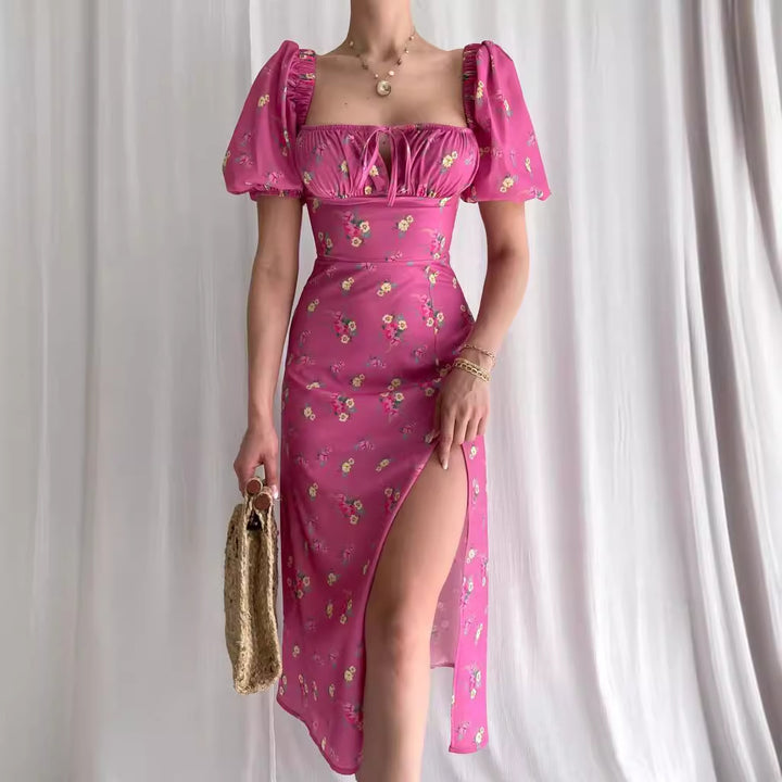 Robe maxi à motif floral pour femmes avec manches bouffantes et fente haute Levoire