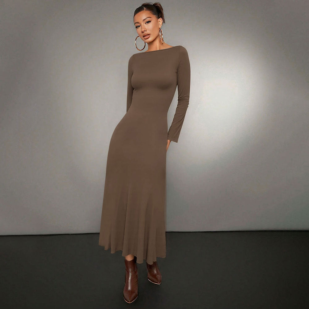 Robe midi à manches longues pour femmes avec un élégant col rond et un ourlet flottant Levoire