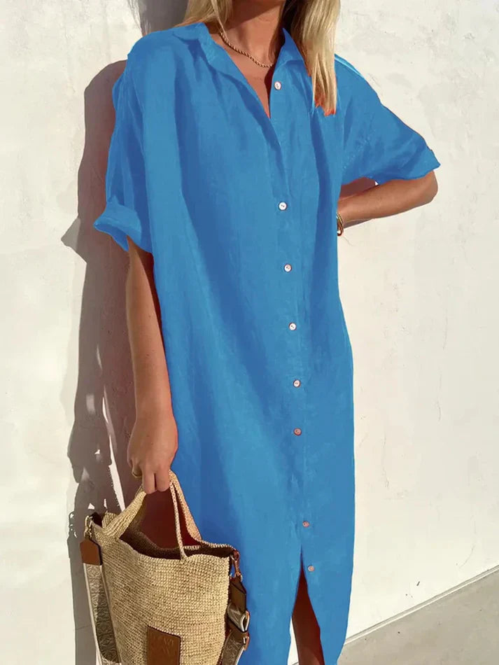 Levoire | Robe Élégante Et Décontractée Pour Femmes Avec Des Manches Larges Et Des Boutons Robe En Coton Et Lin Bleu paon