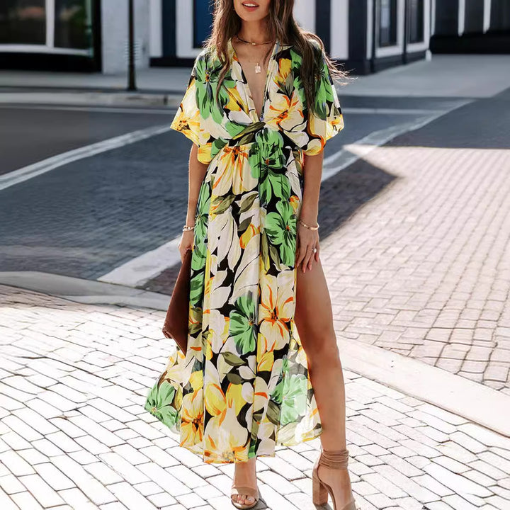 Robe Maxi Femme avec Décolleté en V Profond et Fente Latérale Levoire