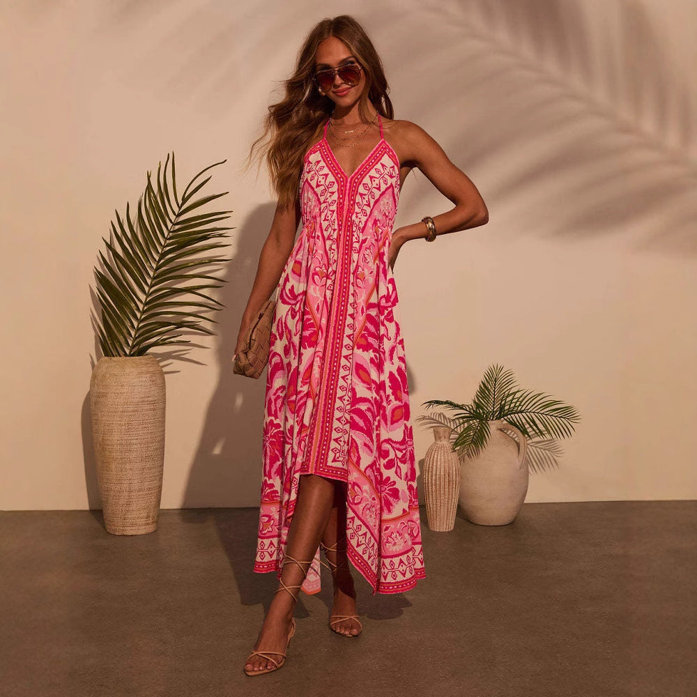 Robe maxi inspirée du boho pour femmes avec un élégant décolleté en V et un ourlet asymétrique Levoire
