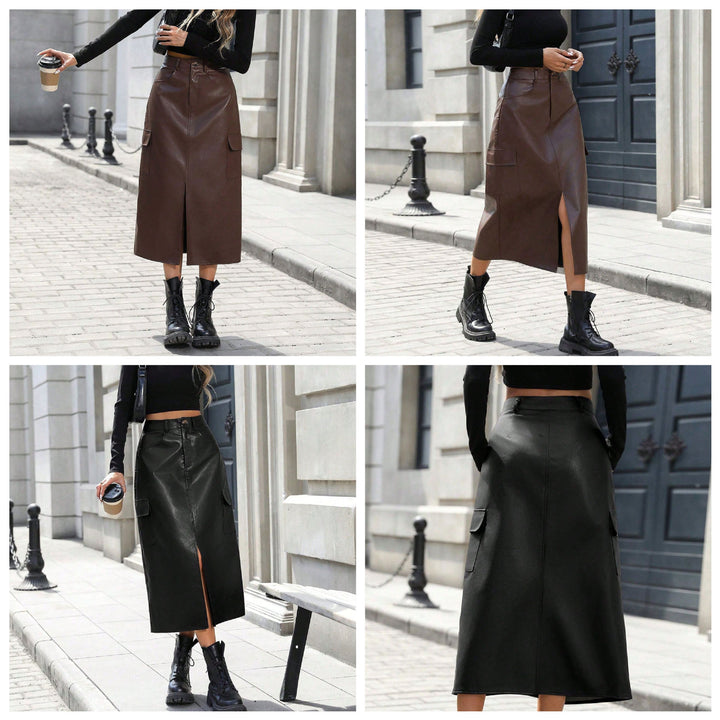 Jupe midi pour femme en similicuir avec poches pratiques et une fente élégante Levoire