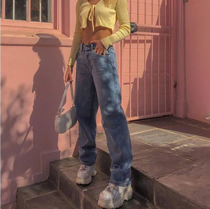 Levoire | Femmes Jeans En Denim Bleu À Jambes Ample Inspirés Des Années Retro