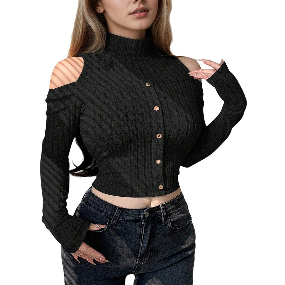 Pull long à manches longues pour femmes, court, avec détails épaules dénudées et fermeture à boutons Levoire